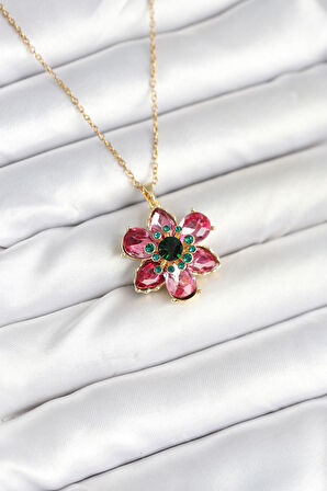 316L Çelik Zincirli Pembe Çiçek Model Kadın Kolye