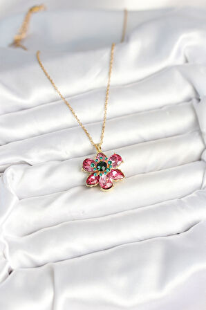 316L Çelik Zincirli Pembe Çiçek Model Kadın Kolye