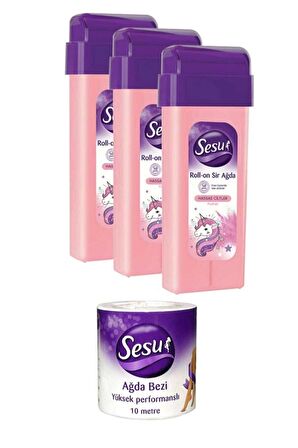 Sesu Kartuş Roll-on Hassas Cilt Pudralı Ağda 3 Adet + Ağda Bezi 10 metre