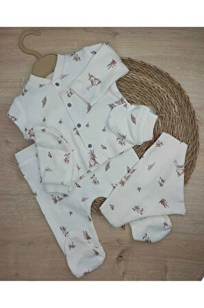 5'Lİ KAZ DESENLİ HASTANE ÇIKIŞI UNISEX BEBEK TAKIM 100 % DOĞAL PAMUK