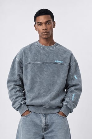 Erkek About Baskılı Yıkamalı Oversize Sweatshirt Gri