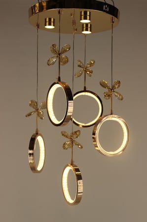 Galaksi Simli Halka Çemberli Seri Kelebek Detaylı Gold Modern Led Avize