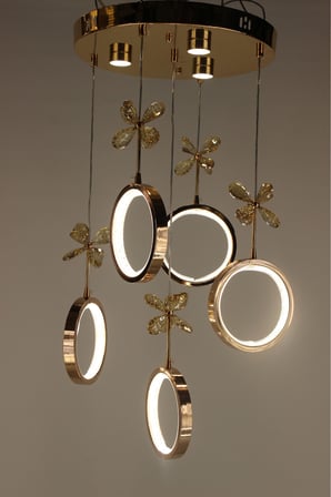 Galaksi Simli Halka Çemberli Seri Kelebek Detaylı Gold Modern Led Avize