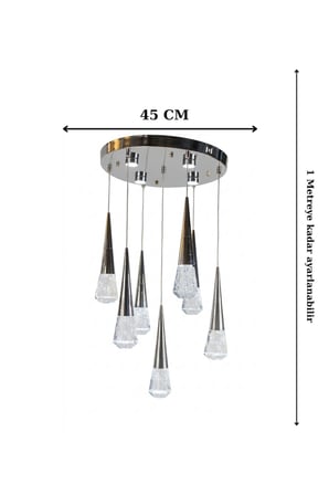 Gümüş Çemberli Seri 7li Estetik Kristal Başlıklı Balonlu Konik Modern 3 Renk Ledli Sarkıt