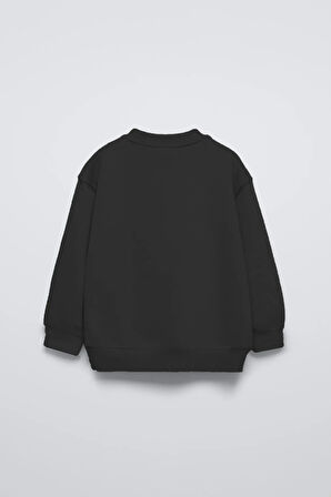 Siyah Çocuk Cherries Baskılı Bisiklet Yaka Basic Sweatshirt
