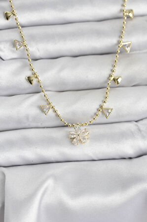 Pirinç Gold Renk Zirkon Taşlı Çiçek Model Kadın Kolye