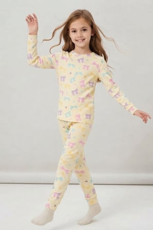 Kız Çocuk Çiçek-kurdela-kuzu Baskılı Pamuklu Pijama Takım TKM1025
