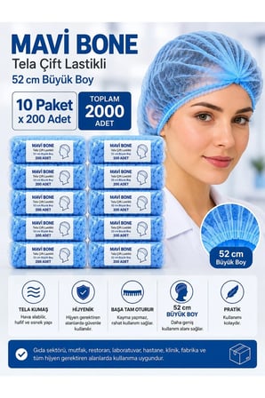 Saç Bonesi - Mavi Tela kumaş 52 cm Büyük Boy Çift Lastikli – 10 Paket x 200 Adet – Toplam 2000 Adet