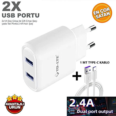 2.4A ÇİFT USB ÇIKIŞLI ŞARJ CİHAZI + 1MT KABLO