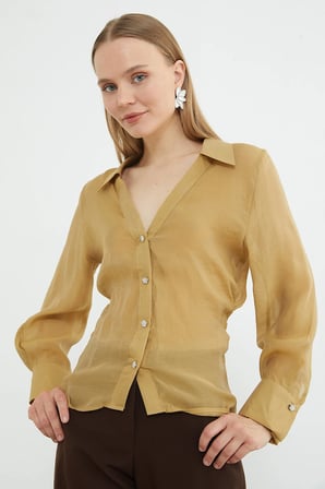 Yanı Drapeli Transparan Gömlek