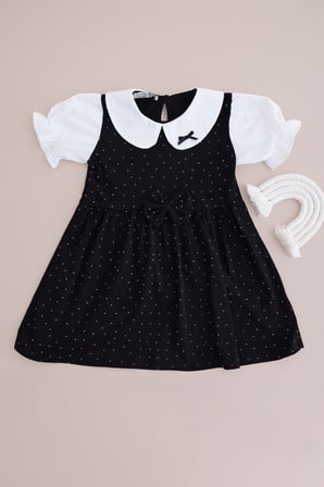 Taşlı Bebe Yaka Fiyonklu Kız Çocuk Elbise