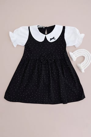 Taşlı Bebe Yaka Fiyonklu Kız Çocuk Elbise
