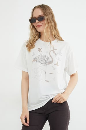 Taşlı Flamingo Baskılı Salaş Tişört