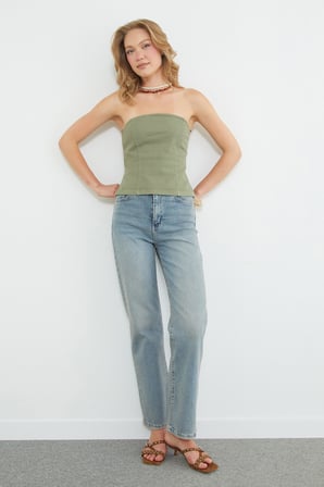 Straplez Fermuarlı Peplum Bluz