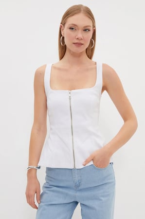 Fermuarlı Kalın Askılı Peplum Bluz