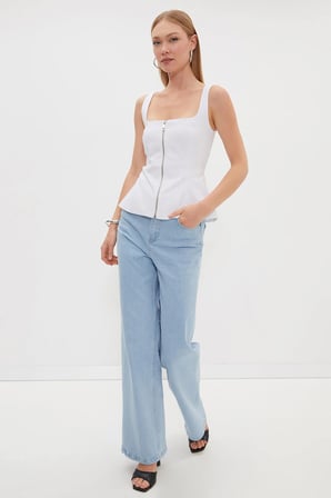 Fermuarlı Kalın Askılı Peplum Bluz