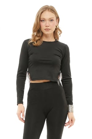 Zincir Detaylı Scuba Kumaş Crop Bluz