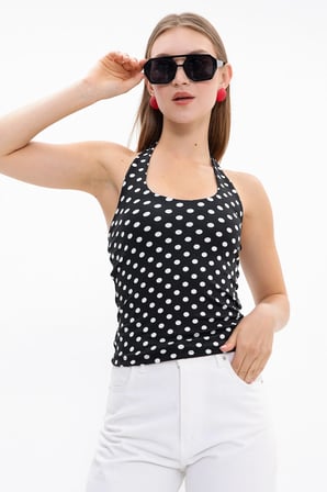 Boyundan Geçirmeli Puantiyeli Slim Fit Bluz