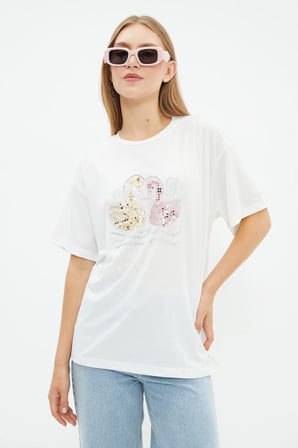 Taşlı Pullu Flamingo Baskılı Tişört