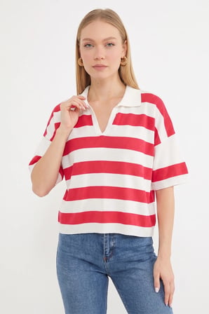 Şeritli Apaş Yaka Oversize Triko Tişört