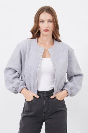 Fermuarlı Beli Lastikli Crop Ceket
