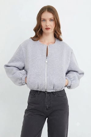 Fermuarlı Beli Lastikli Crop Ceket