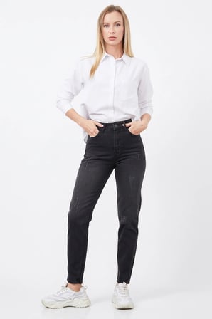 Yüksek Bel Yırtık Mom Jean