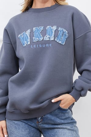 3 İplik Kot Nakışlı Oversize Sweatshirt