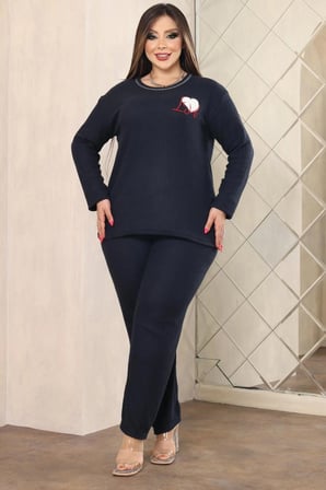 Kalp Nakışlı Büyük Beden Pijama Takımı