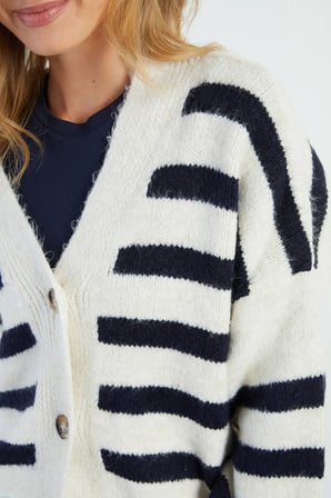 Şeritli Düğmeli V Yaka Oversize Triko Hırka