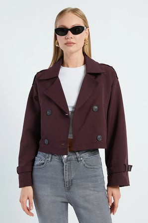 Kruvaze Yaka Çift Cepli Crop Trençkot