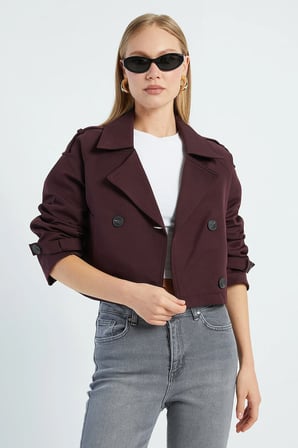 Kruvaze Yaka Çift Cepli Crop Trençkot