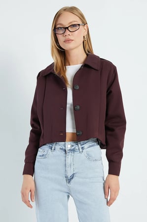 Pileli Kruvaze Yaka Crop Trençkot