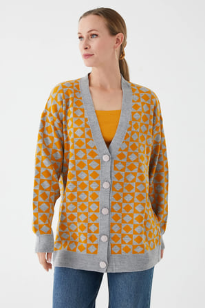Geometrik Desenli Oversize Triko Hırka