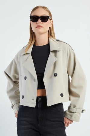 Kruvaze Yaka Çift Cepli Crop Trençkot