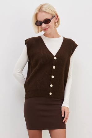 Sakallı Düğmeli V Yaka Oversize Yelek