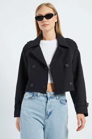 Kruvaze Yaka Çift Cepli Crop Trençkot