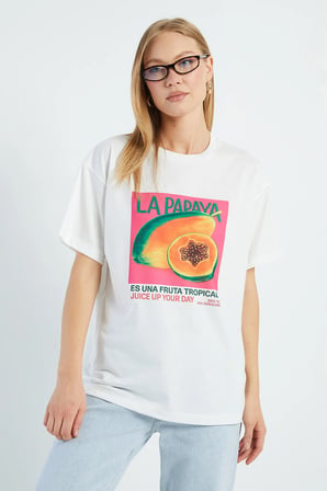 Papaya Baskılı Bisiklet Yaka Salaş Tişört