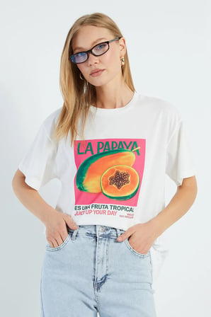 Papaya Baskılı Bisiklet Yaka Salaş Tişört