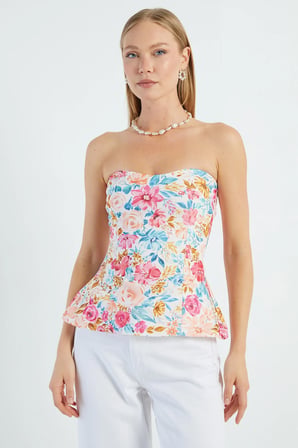 Çiçek Desenli Straplez Yaka Peplum Bluz