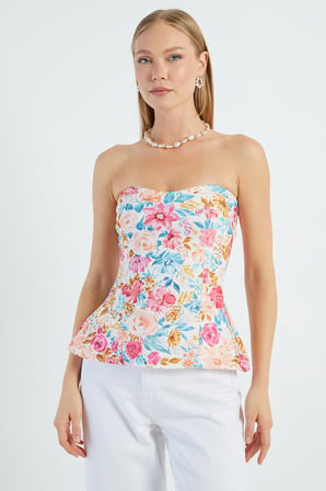 Çiçek Desenli Straplez Yaka Peplum Bluz