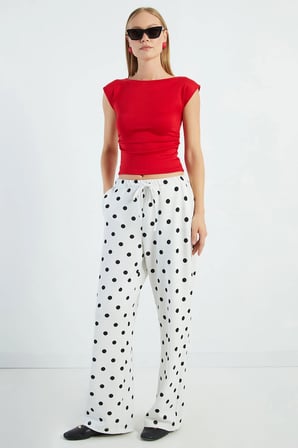 Puantiyeli Beli Bağlamalı Pantolon