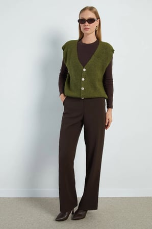 Sakallı Düğmeli V Yaka Oversize Yelek