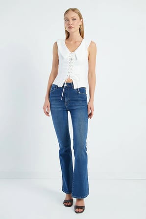 Fermuarlı Yüksek Bel Flare Jean