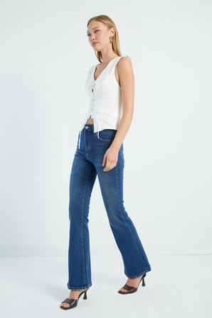 Fermuarlı Yüksek Bel Flare Jean