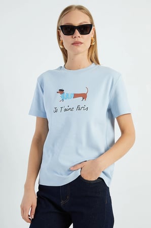 Köpek Baskılı Bisiklet Yaka Tişört