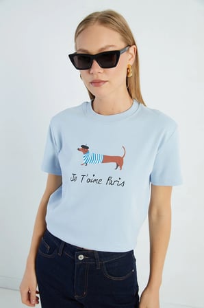 Köpek Baskılı Bisiklet Yaka Tişört