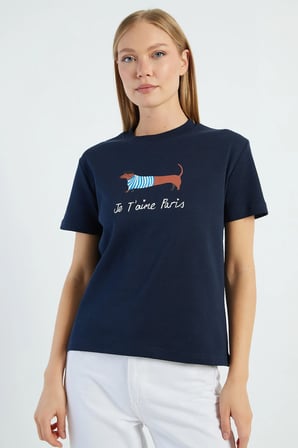 Köpek Baskılı Bisiklet Yaka Tişört