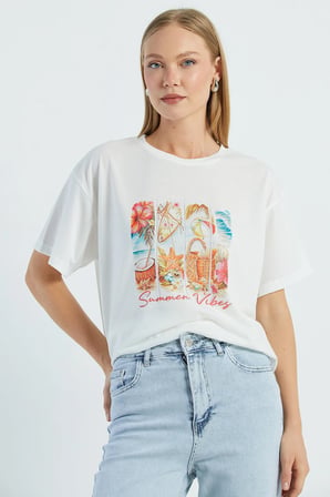 Taşlı Summer Vibes Baskılı Tişört