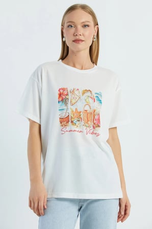 Taşlı Summer Vibes Baskılı Tişört